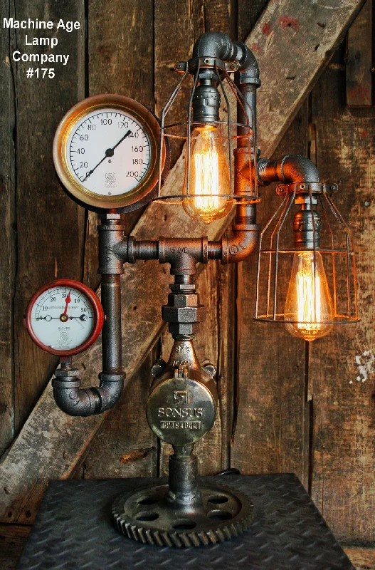 Industrial Lighting with High CRI (Color Rendering Index) for True Color PerceptionSteampunk Lamp, Antique Steam Gauge and Gear Base #175 - SOLD