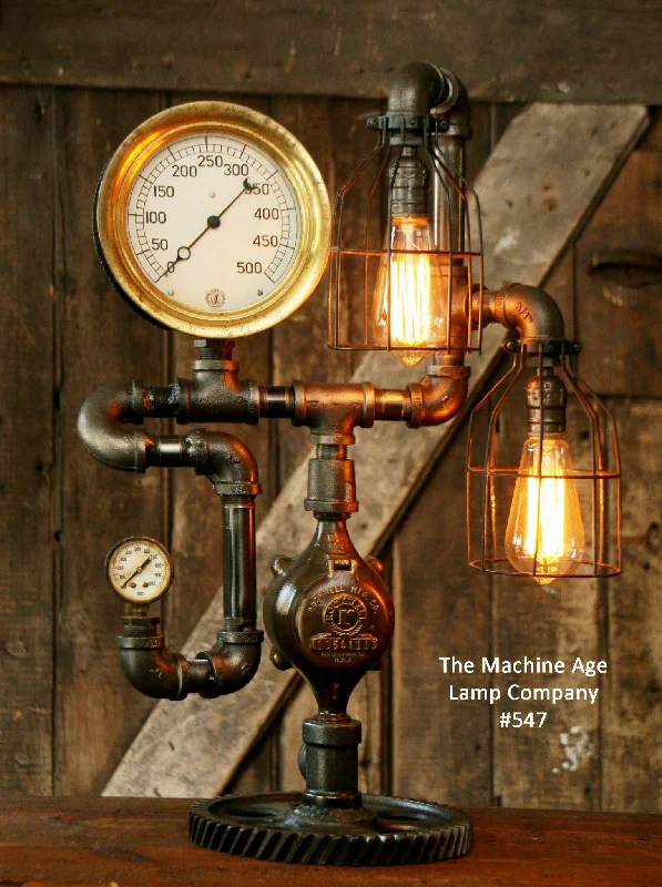 Industrial Lighting for Furniture FactoriesSteampunk Lamp, Antique Steam Gauge and Gear Base #547