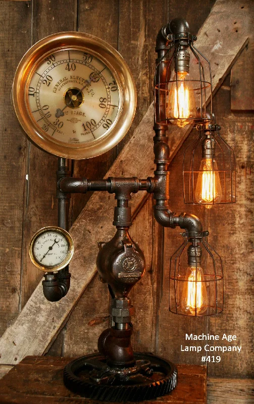 High - Bay LED Industrial Lighting for WarehousesSteampunk Lamp, Amazing Antique 10" Steam Gauge and Gear Base #419 - SOLD