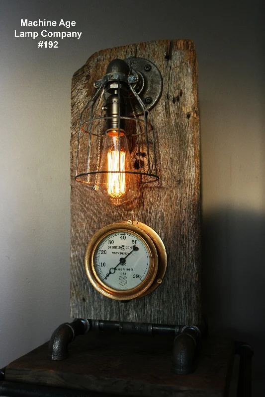 Industrial Lighting for Woodworking FactoriesSteampunk Lamp, Antique Steam Gauge, Barnwood #192