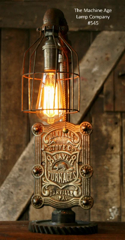 Industrial Lighting for Pharmaceutical ManufacturingSteampunk Lamp, Antique Stove Door and Gear Base #545 - SOLD