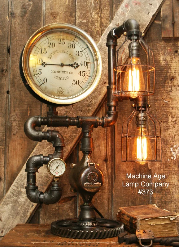 High - Bay LED Industrial Lighting for WarehousesSteampunk Lamp, Antique 10" Steam Gauge and Gear Base #373 - SOLD