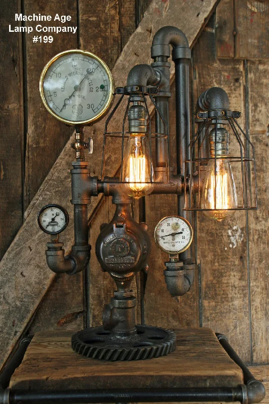 Industrial Lighting for Furniture FactoriesSteampunk Lamp, Steam Gauge and Gear Base #199