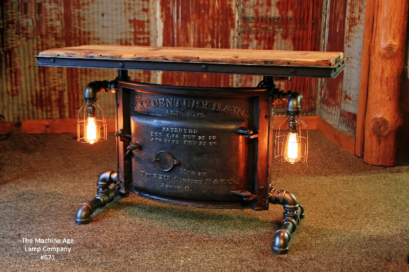 Industrial Lighting for Chemical PlantsAntique Steampunk Industrial Boiler Door Table Stand, Reclaimed Wood Top, Akron Ohio - #671 - Sold