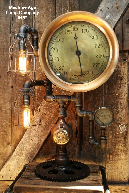 Dimmable Industrial Lighting for Ambiance ControlSteampunk Lamp, Antique 14" Steam Gauge and Gear Base #182 - SOLD