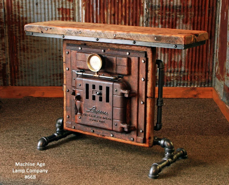 Industrial Lighting for Pharmaceutical ManufacturingAntique Steampunk Industrial Boiler Door Table Stand, Reclaimed Wood Top - #668 - Sold