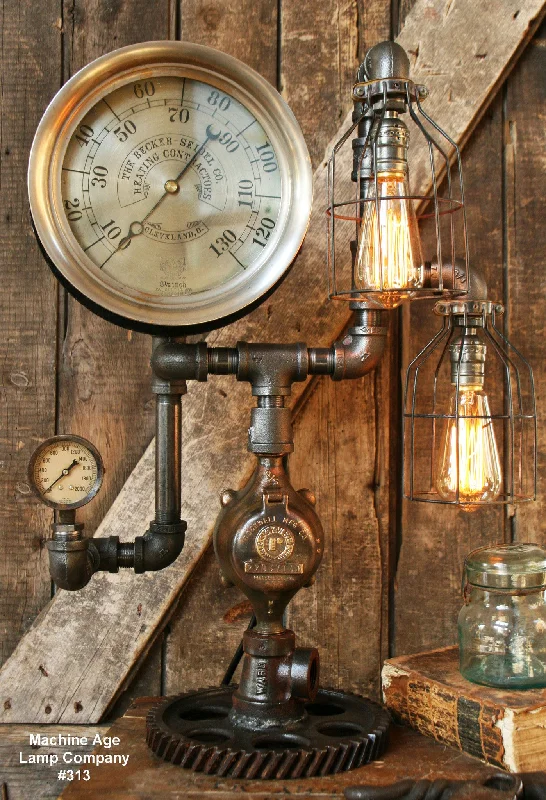 Industrial Lighting for Food Processing FactoriesSteampunk Lamp, Antique 9" Steam Gauge and Gear Base #313 - SOLD