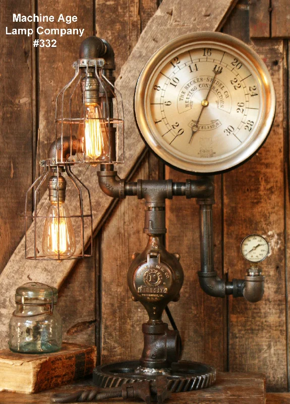 Industrial Task Lighting for Precision WorkstationsSteampunk Lamp, Antique 9" Steam Gauge and Gear Base #332 - SOLD