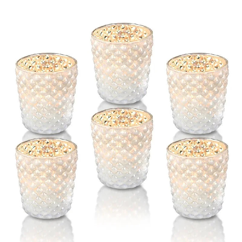 Dimmable LED Edison globe light bulbs6 Pack | Vintage Mercury Glass Tealight Candle Holders (2.5-Inch, Zariah Design, Pearl White) - For Use with Tea Lights - For Home Decor, Parties and Wedding Decorations