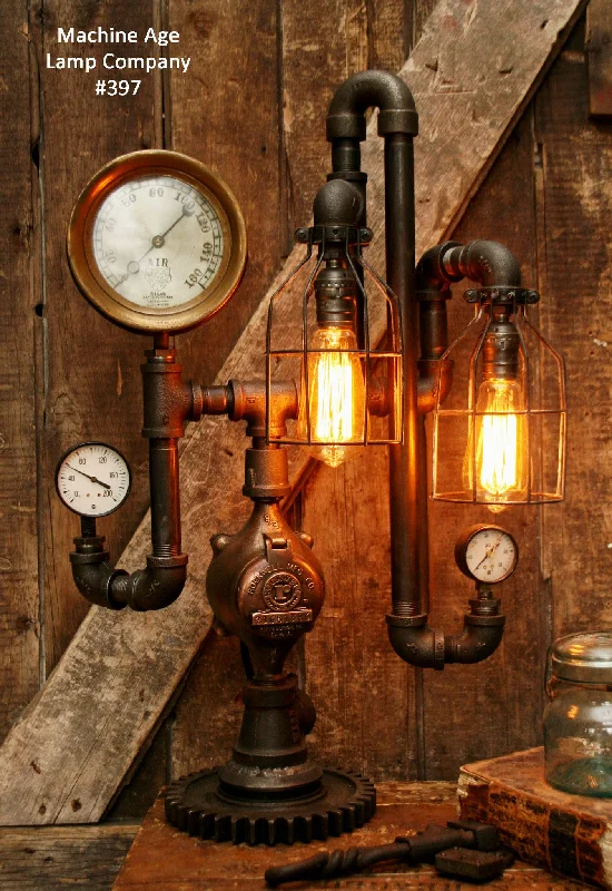 Durable Industrial Lighting for Harsh EnvironmentsSteampunk Lamp, Antique Steam Gauge and Gear Base #397 - SOLD