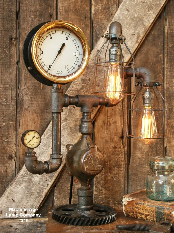 Industrial Lighting for Automotive Manufacturing PlantsSteampunk Lamp, Antique 6" Steam Gauge and Gear Base #319 SOLD