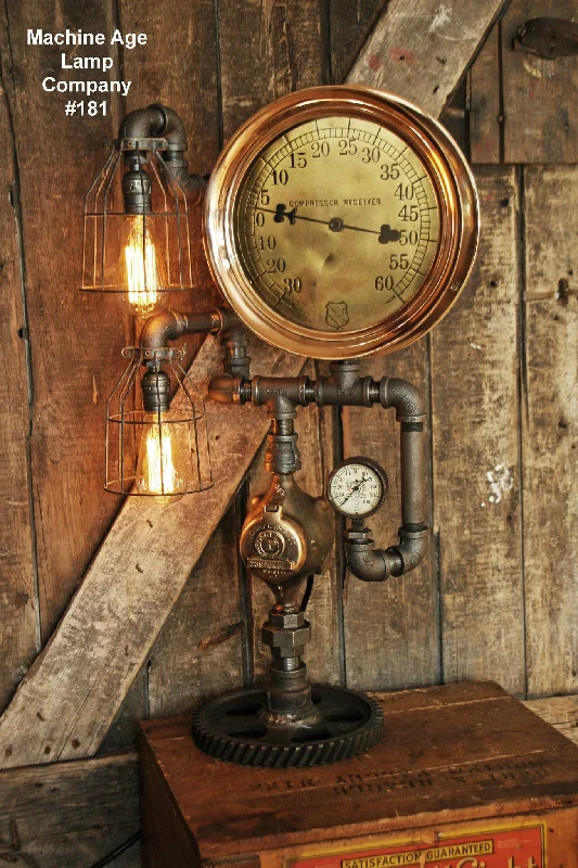 Industrial Lighting for Electronics ManufacturingSteampunk Lamp, Antique 10" Steam Gauge and Gear Base #181 - SOLD