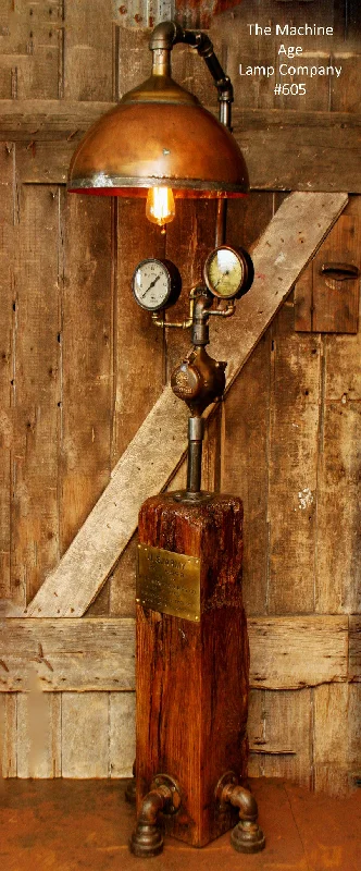 Industrial Lighting for Metal Fabrication ShopsSteampunk Lamp, Antique Steam Gauge and Barn Wood Base #605 - sold