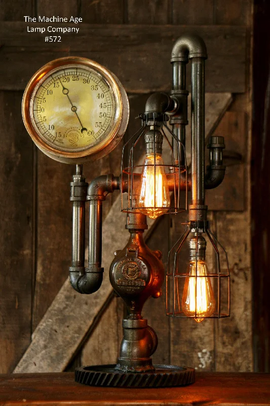 Industrial Lighting for Textile MillsSteampunk Lamp, Antique Steam Gauge and Gear Base #572 - SOLD