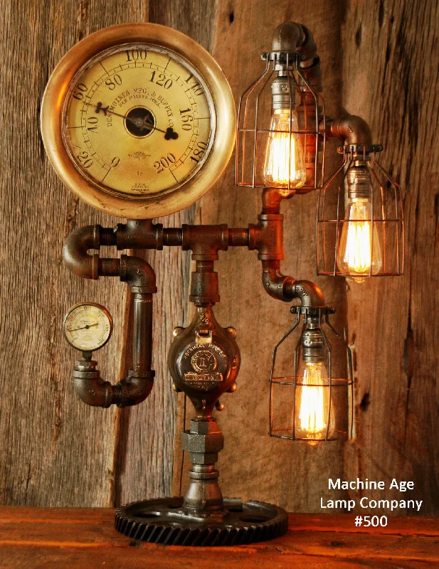 Industrial Lighting for Electronics ManufacturingSteampunk Lamp, Antique Steam Gauge and Gear Base #500 - SOLD