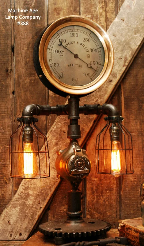 Waterproof Industrial Lighting for Wet AreasSteampunk Lamp, Antique 10" Steam Gauge and Gear Base #388 - SOLD