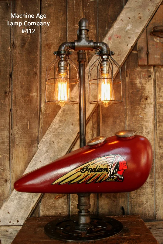 Dimmable Industrial Lighting for Ambiance ControlSteampunk Industrial Lamp, Vintage 1930's Chief Indian Motorcycle Gas Tank #412 - SOLD