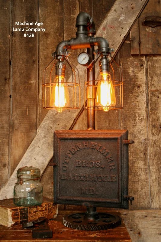 Dust - Resistant Industrial Lighting for Dirty WorkspacesSteampunk Industrial, Antique Iron Ottenheimer Stove Door Lamp, #428 - SOLD