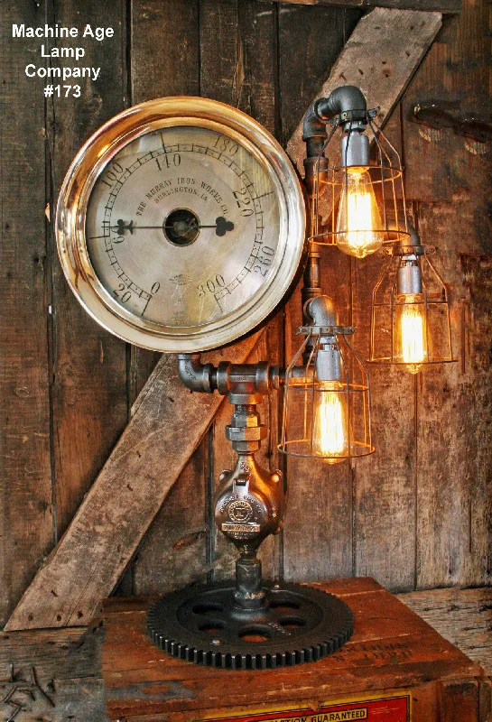 High - Bay LED Industrial Lighting for WarehousesSteampunk Lamp, Antique 14" Steam Gauge and Gear Base #173