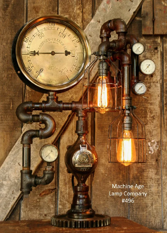 Industrial Lighting with High CRI (Color Rendering Index) for True Color PerceptionSteampunk Lamp, Antique 10" Steam Gauge and Gear Base #496 - SOLD