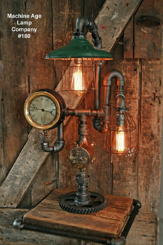 Dust - Resistant Industrial Lighting for Dirty WorkspacesSteampunk Lamp, Antique Steam Gauge and Service Station Shade #180 - SOLD