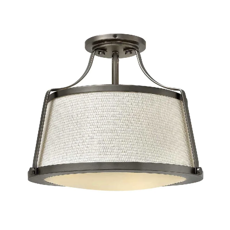 Track lighting for task lighting in workshopsCharlotte 3 Light Semi-Flush - Antique Nickel/Brushed Caramel, Linen Shade E27