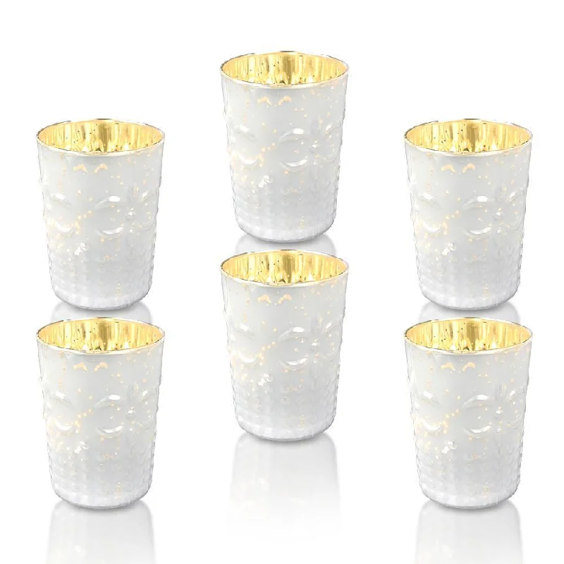 Filament style LED Edison light bulbs6 Pack | Mercury Glass Tealight Candle Holders (3-Inch, Fleur Design, Pearl White) For Use with Tea Lights