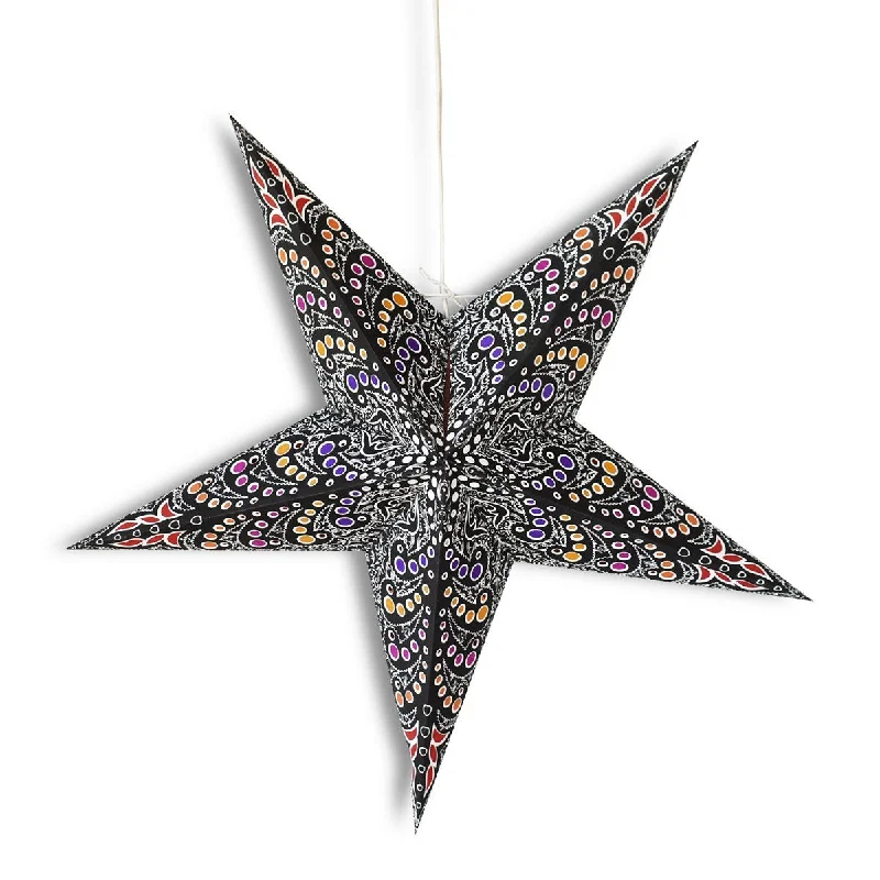 Outdoor rated Edison light bulbs24" Black Multi-Color Aloha Paper Star Lantern, Hanging Wedding & Party Decoration