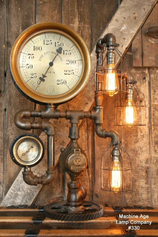 Industrial Lighting for Chemical PlantsSteampunk Lamp, Antique 12" Steam Gauge and Gear Base #330 - SOLD