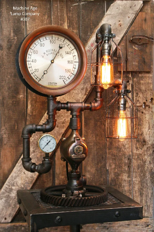 Industrial Flood Lighting for Outdoor Loading DocksSteampunk Lamp, Antique 10" Steam Gauge and Gear Base #387 - SOLD