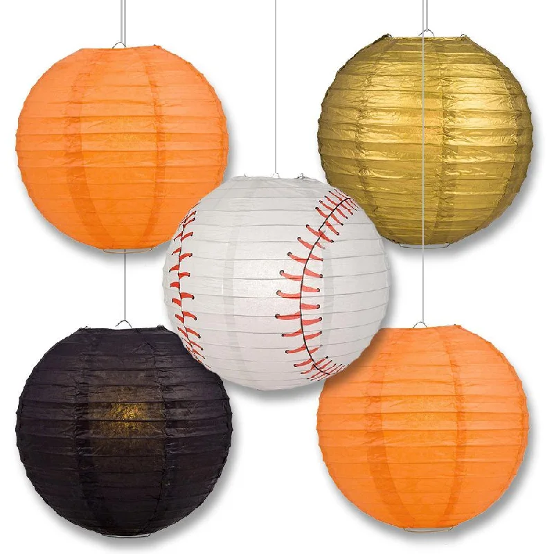 Soft white Edison light bulbsSan Francisco Pro Baseball 14-inch Paper Lanterns 5pc Combo Party Pack - Dark Orange, Black, Gold, & Beige