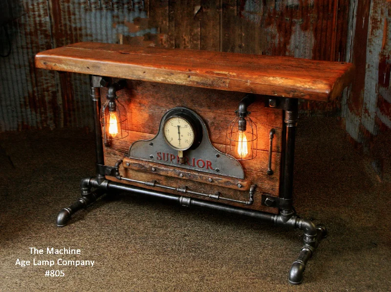 Industrial Lighting for Metal Fabrication ShopsIndustrial Antique Steam Gauge Lamp Stand Table, Old Barn Wood Top, #805 - SOLD