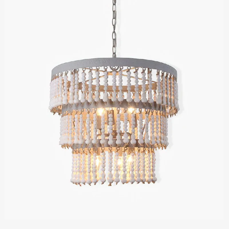 Oversized Chandeliers as a Statement Piece in Living RoomsThree Tiered Wood Beaded Chandelier