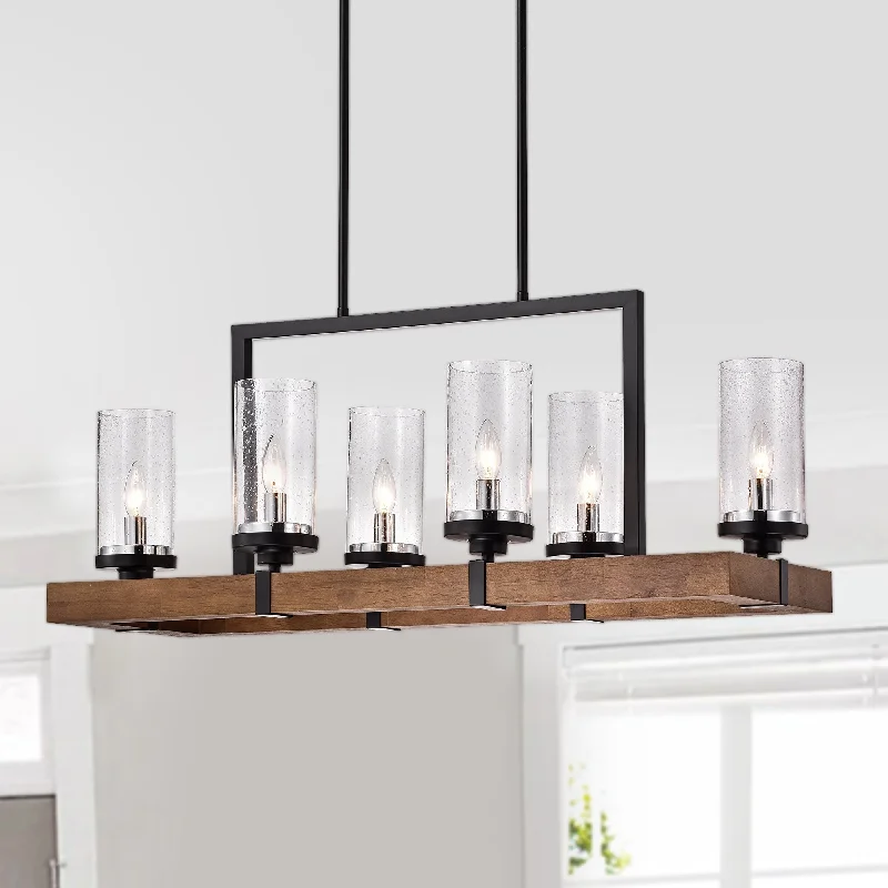 Chandeliers with Metal Frames in Black FinishWood and Iron 6-Light Single Tier Chandelier with Seeded Glass Lamp Shades