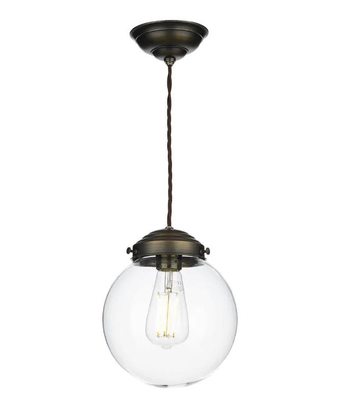 Gothic Ceiling Lights with Dark Metalwork and Pointed Arches19cm Antique Brass Clear Globe Pendant - ID 10392