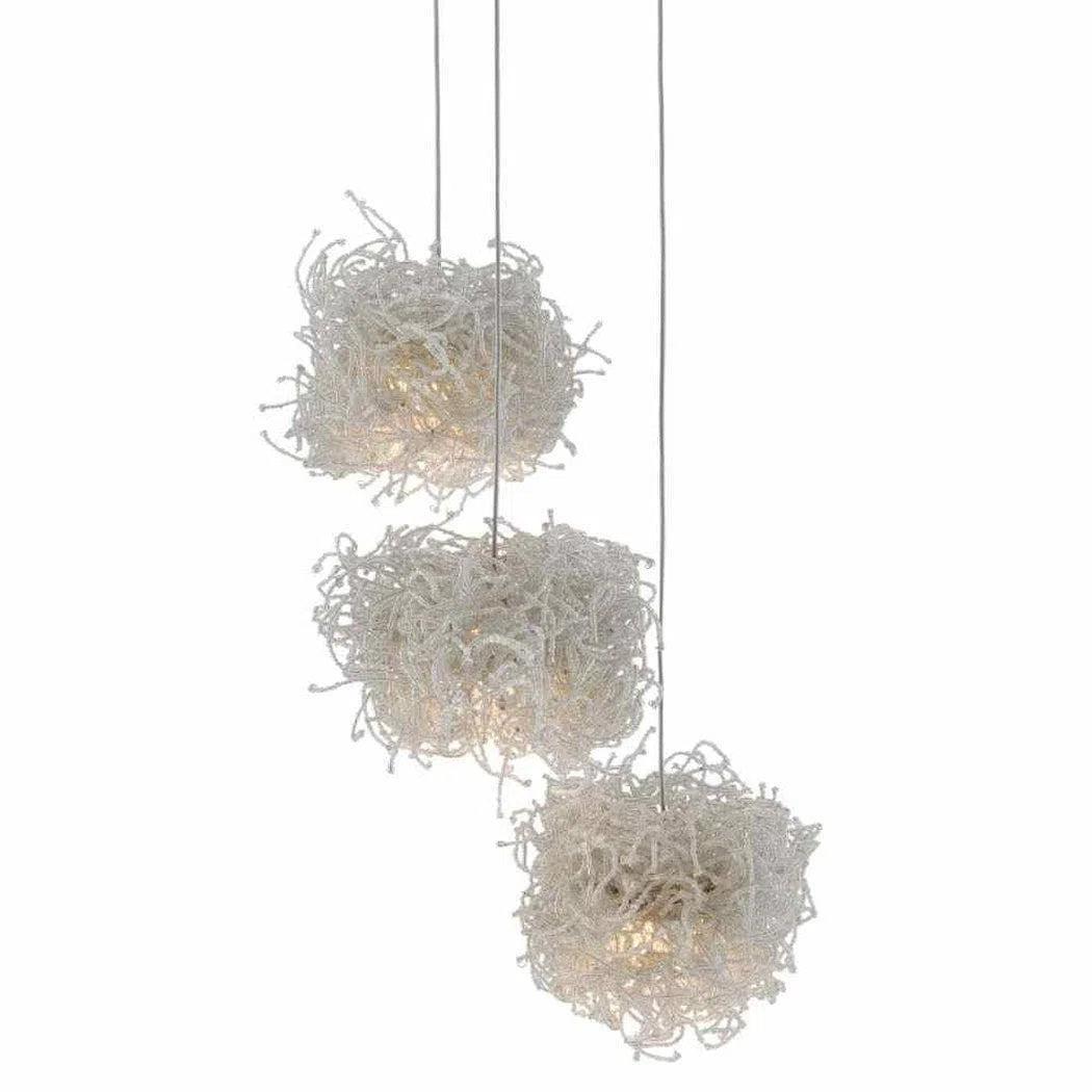 Scandinavian Style Ceiling Lights with Light Wood AccentsPainted Silver Clear Birds Nest 3-Light Multi-Drop Pendant