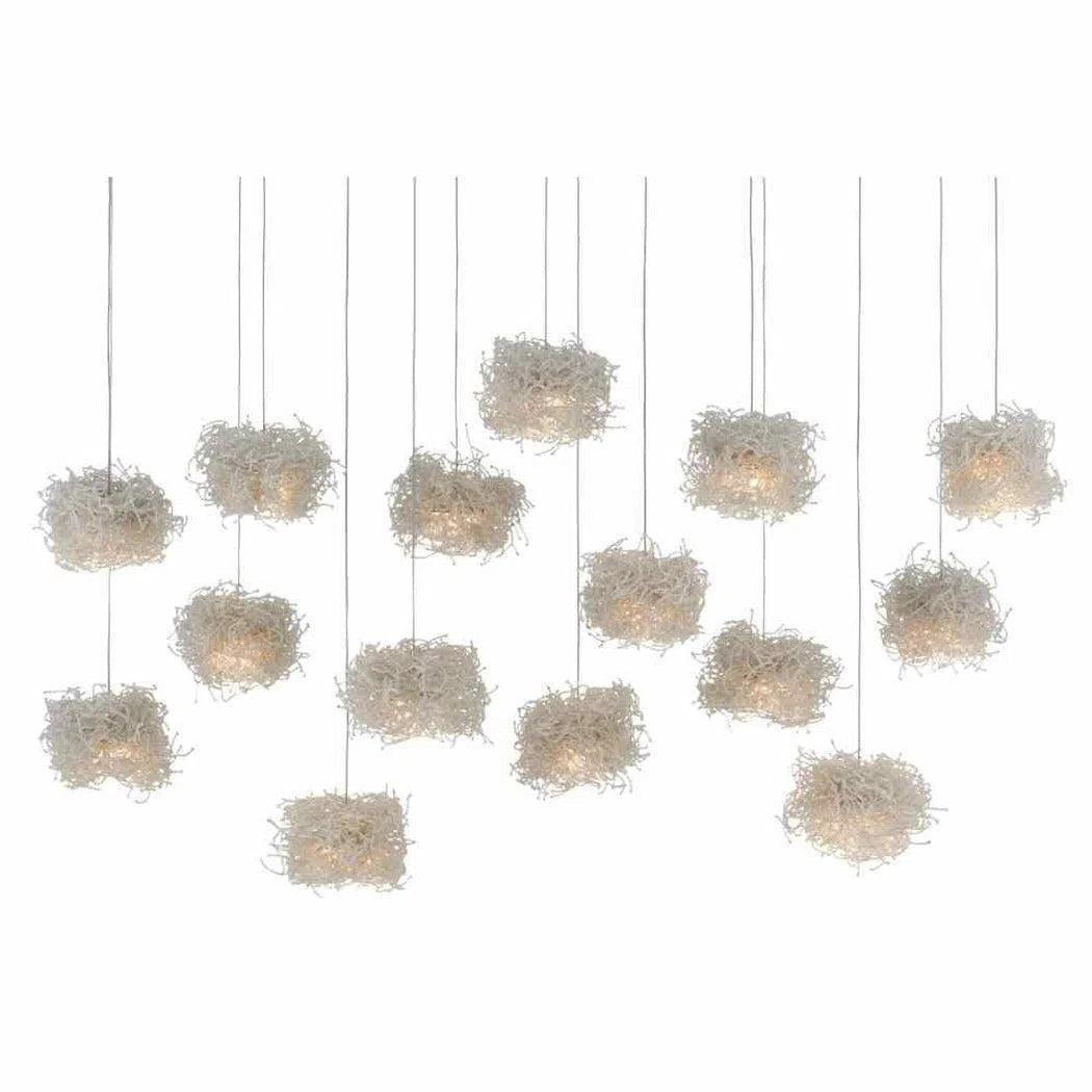 Scandinavian Style Ceiling Lights with Light Wood AccentsSilver Clear Birds Nest Rectangular 15-Light Multi-Drop Pendant