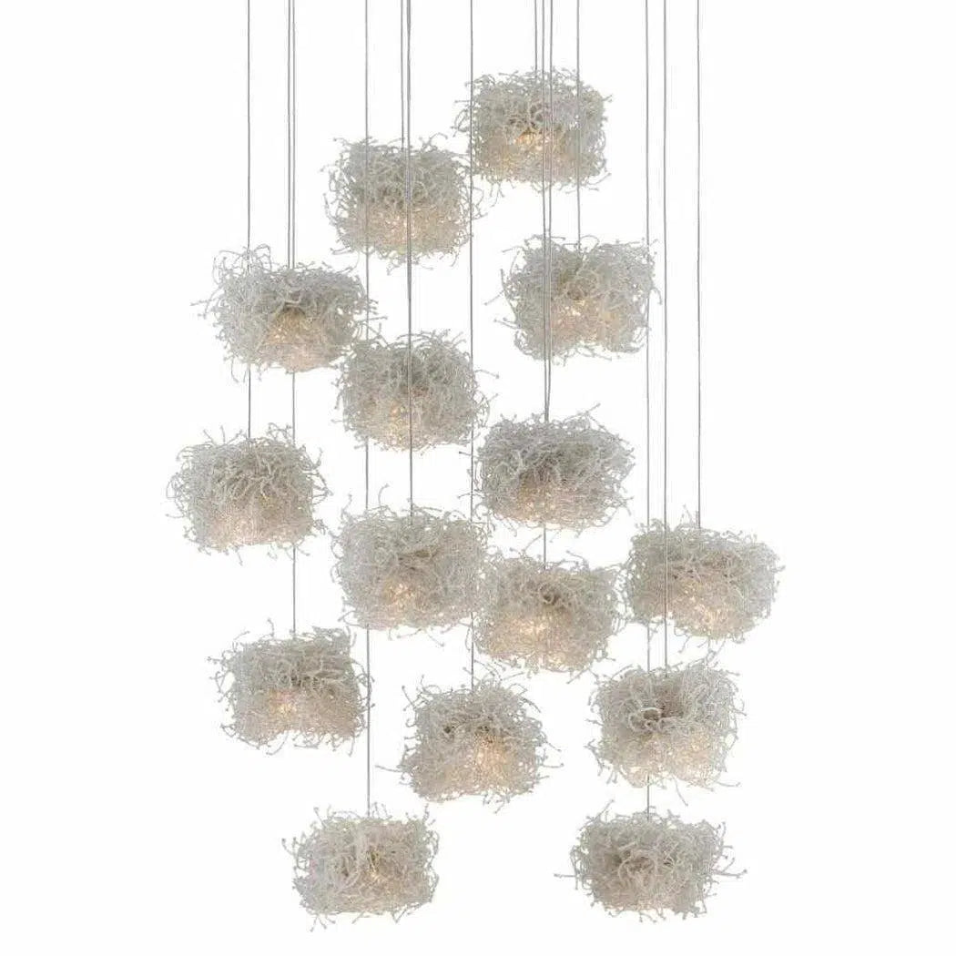 Art Deco Ceiling Lights with Geometric Patterns and Metallic FinishesSilver Clear Birds Nest Round 15-Light Multi-Drop Pendant