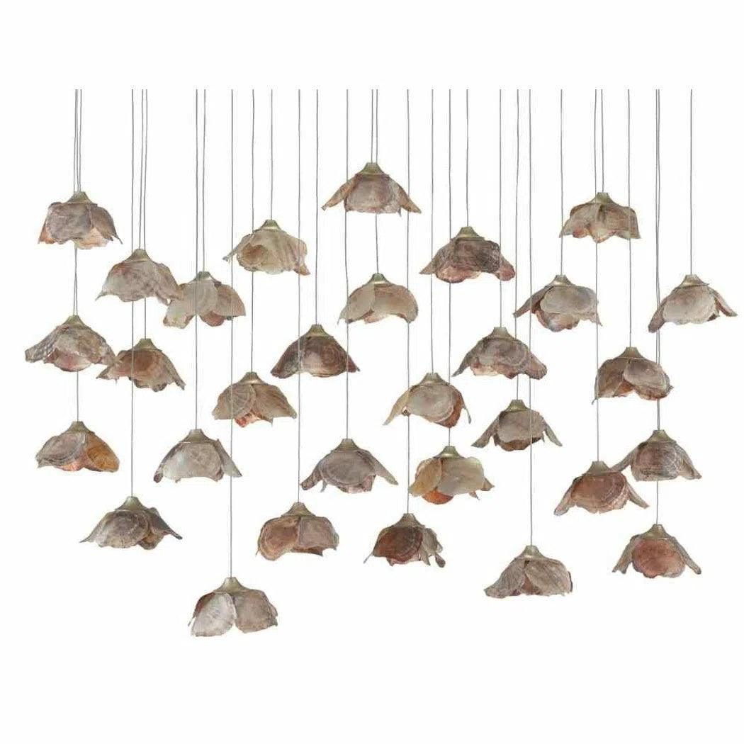 African - Inspired Ceiling Lights with Tribal Patterns and Natural MaterialsPainted Silver Leaf Shell Catrice 30-Light Multi-Drop Pendant