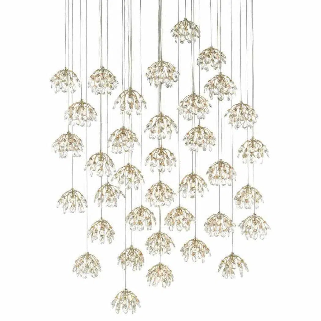 Metal Ceiling Lights in Brass, Copper, Stainless Steel, and IronPainted Silver Leaf Crystal Bud 36-Light Multi-Drop Pendant