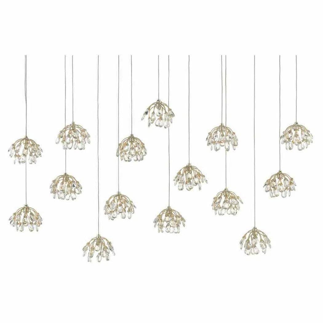 Contemporary Ceiling Lights with Unique, Abstract ShapesPainted Silver Leaf Crystal Bud Rectangular 15-Light Multi-Drop Pendant