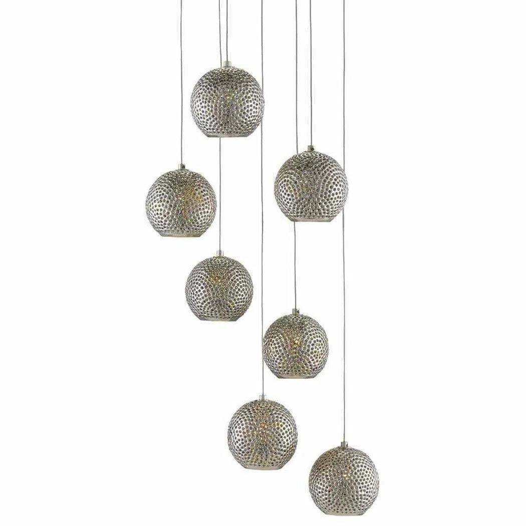 Art Deco Ceiling Lights with Geometric Patterns and Metallic FinishesPainted Silver Nickel Blue Giro 7-Light Multi-Drop Pendant