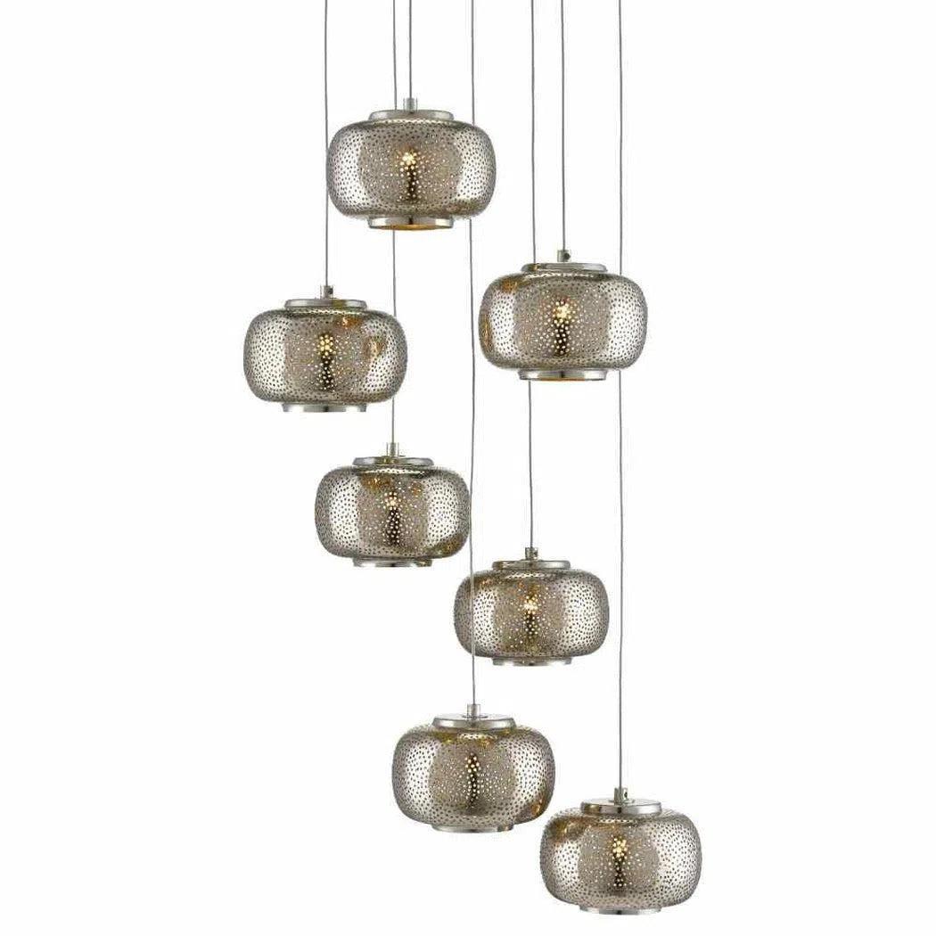 Art Deco Ceiling Lights with Geometric Patterns and Metallic FinishesPainted Silver Nickel Pepper 7-Light Multi-Drop Pendant