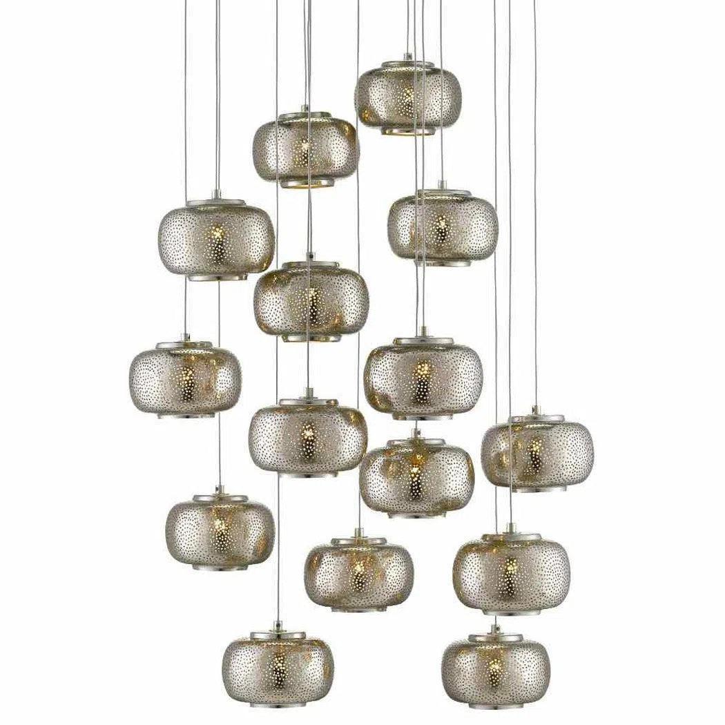 Glass Ceiling Lights with Frosted, Colored, or Etched GlassPainted Silver Nickel Pepper Round 15-Light Multi-Drop Pendant