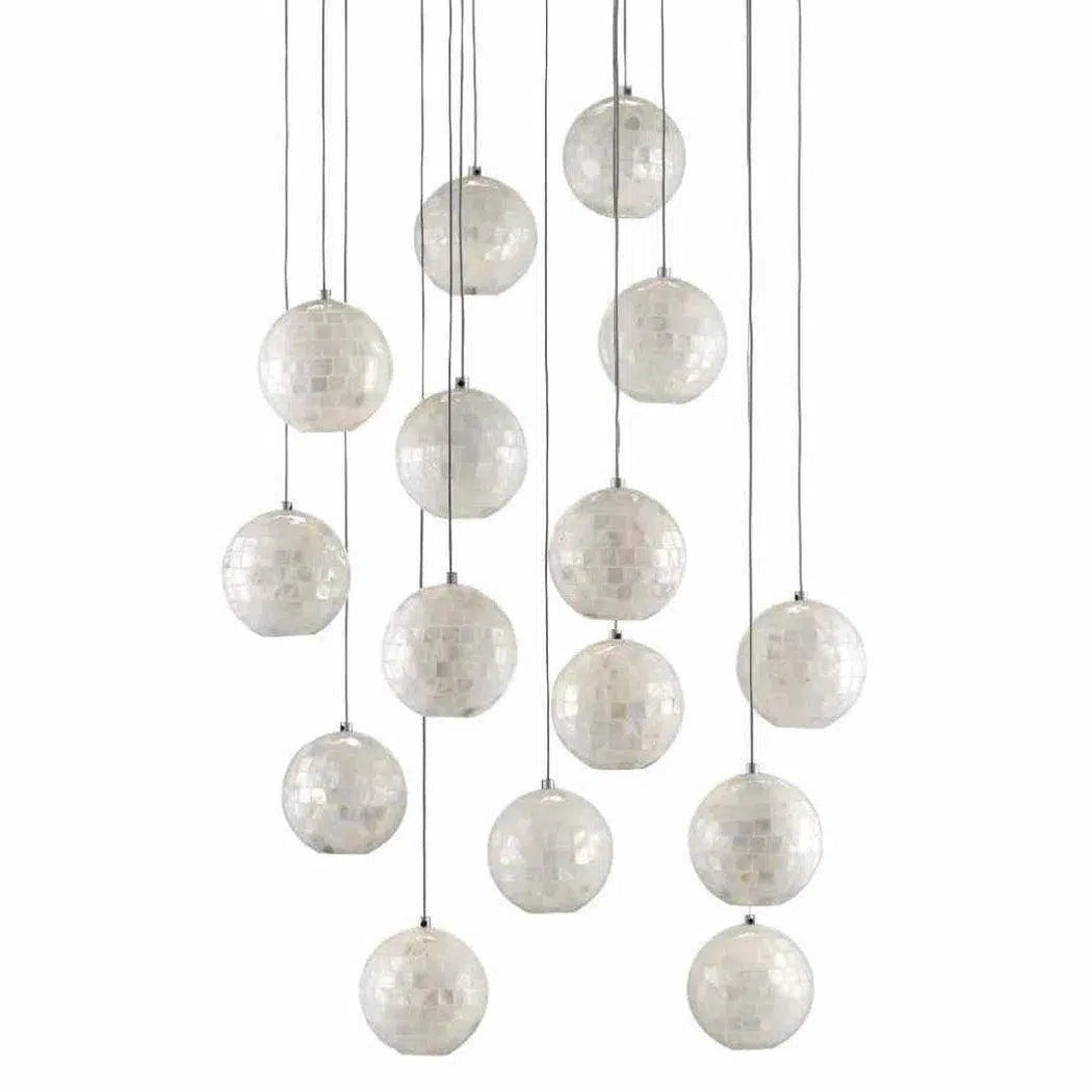 Industrial Style Ceiling Lights with Exposed Bulbs and Metal CagesPainted Silver Pearl Finhorn Round 15-Light Multi-Drop Pendant