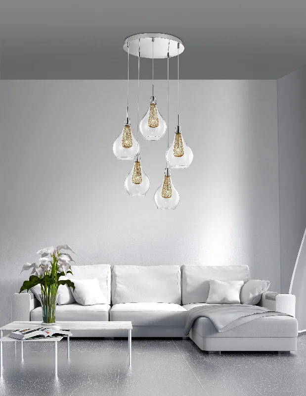 Crystal Ceiling Lights with High - Quality Swarovski CrystalsClear Glass and Gold Mesh Multi Pendant - ID 9246