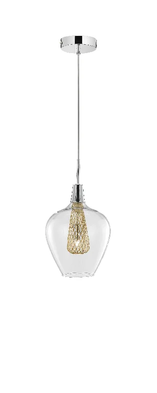 Scandinavian Style Ceiling Lights with Light Wood AccentsClear Glass and Gold Mesh Single Pendant - ID 9364