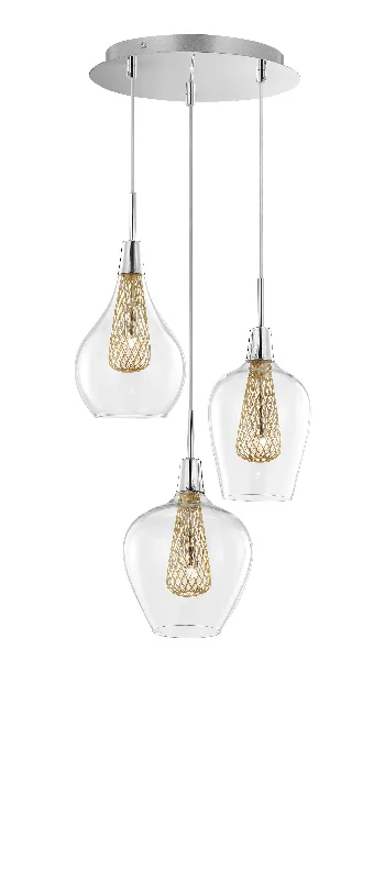 Art Deco Ceiling Lights with Geometric Patterns and Metallic FinishesClear Glass and Gold Mesh Triple Pendant - ID 9282